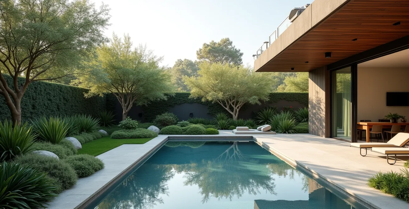Piscine coque intégrée dans un environnement naturel avec végétation