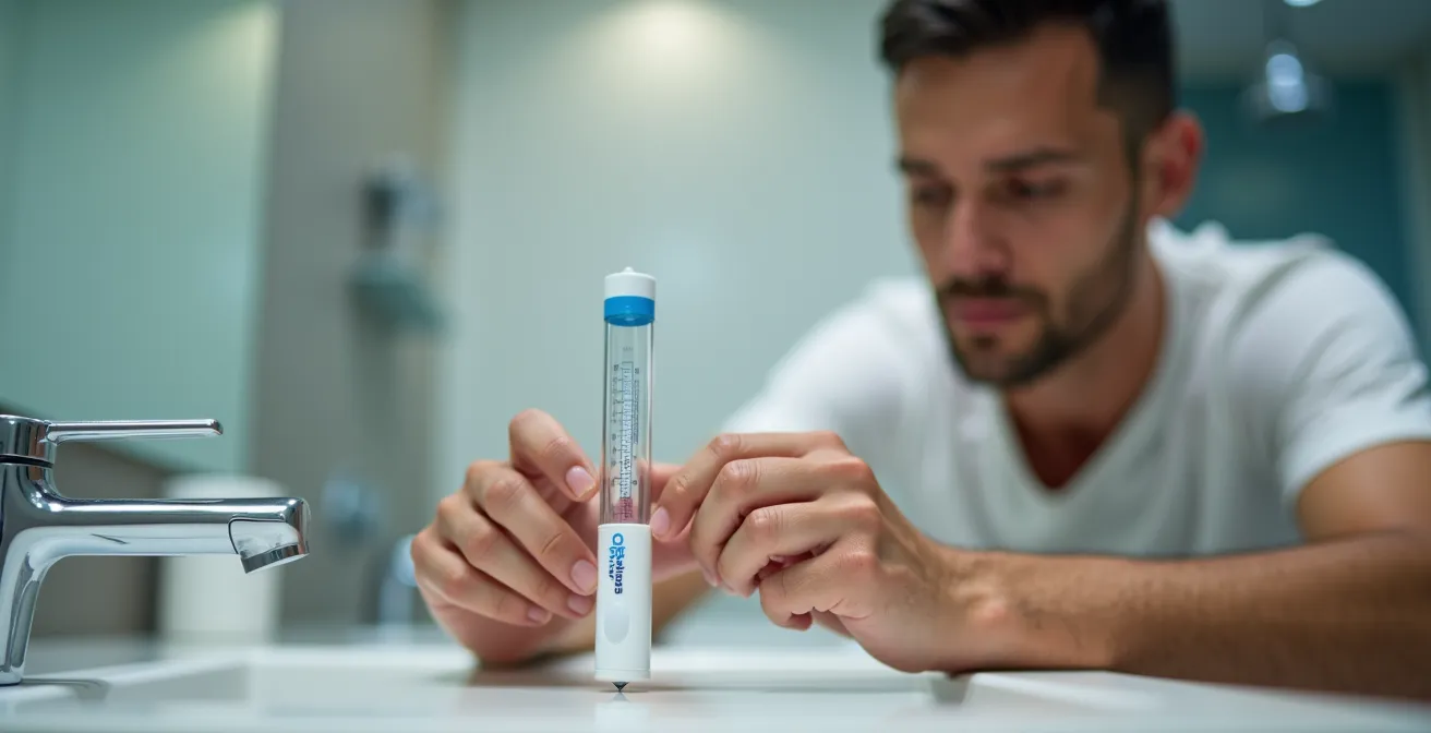 Personne examinant attentivement un produit d'entretien piscine